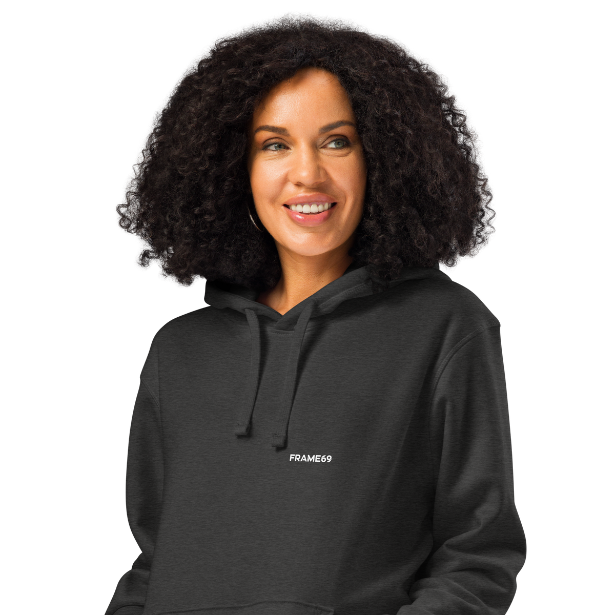 Heather grey graphic hoodie with hood, front pocket, and small chest logo text