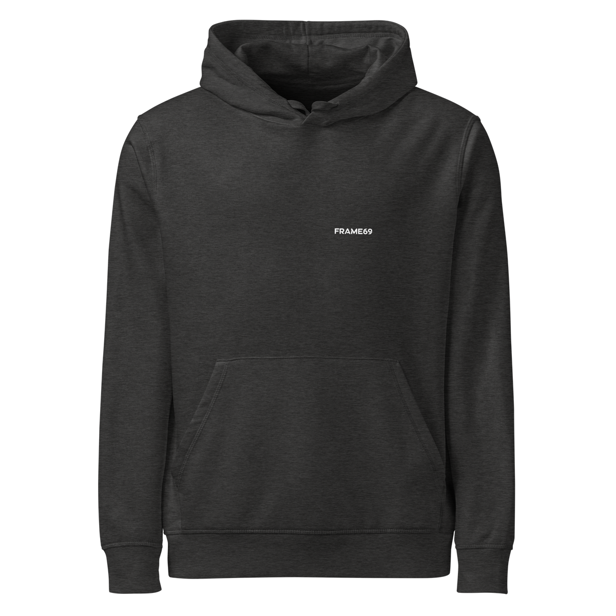 Dark heather grey pullover hoodie with FRAME69 chest logo and front pocket