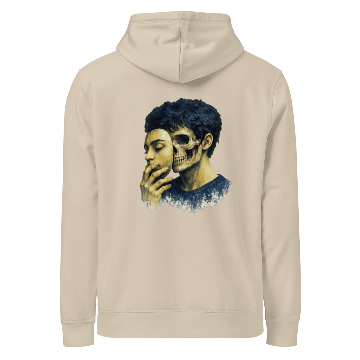 Beige graphic hoodie with blue skull portrait on front, pullover hood and cuffs