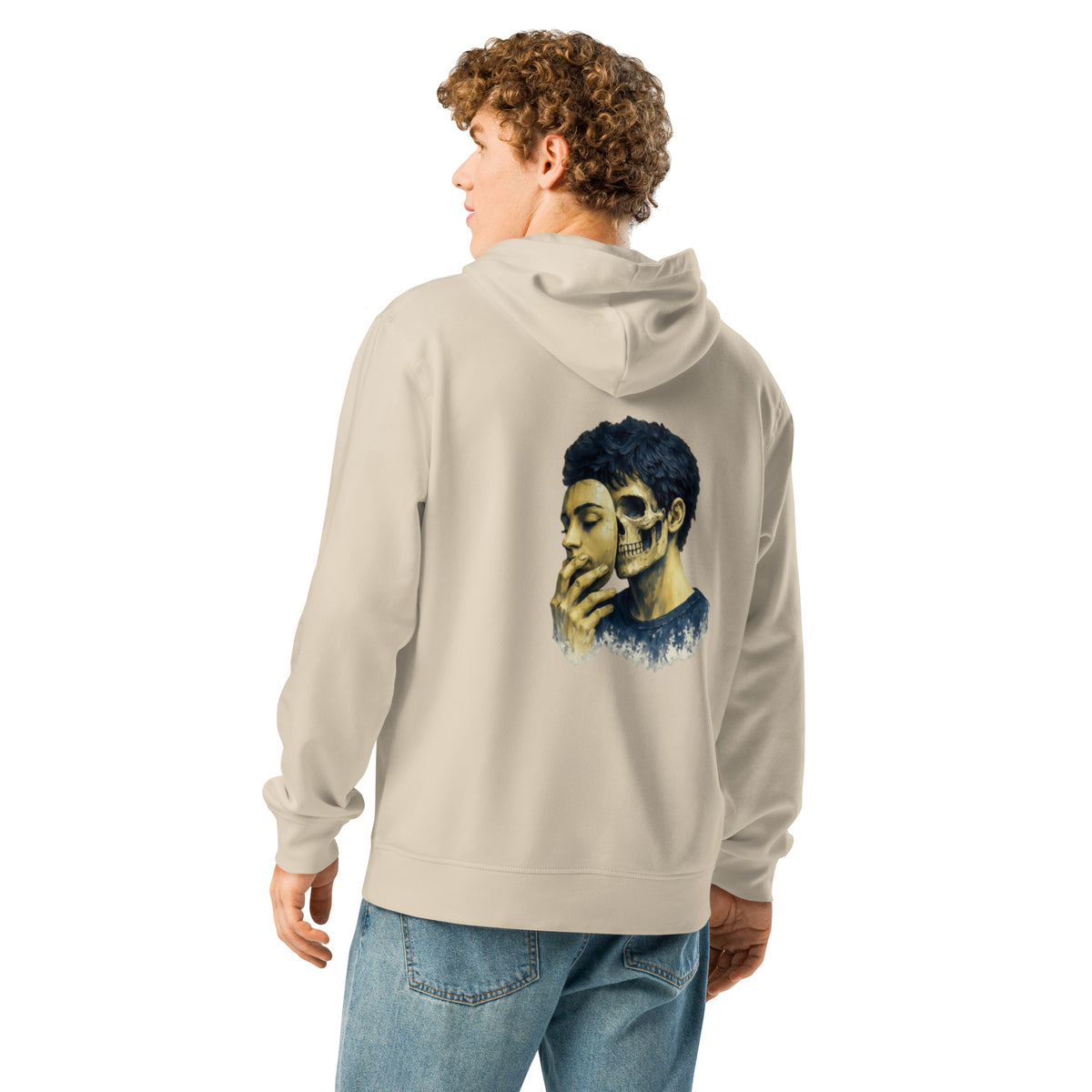 Beige graphic hoodie with blue skull portrait on back, pullover hood and kangaroo pocket