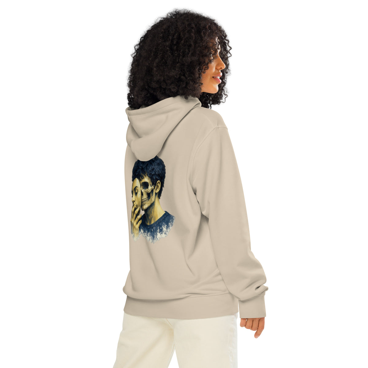 Beige pullover hoodie with blue skull portrait on back, hood and long sleeves