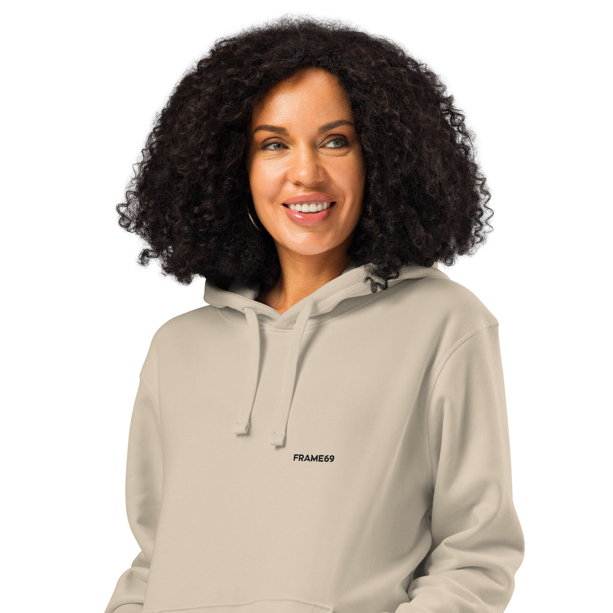 Beige hoodie with hood drawstrings and small chest FRAME69 logo, close-up view