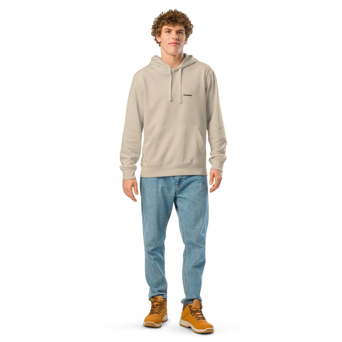 Beige pullover hoodie with small chest FRAME69 logo, hood with drawstring