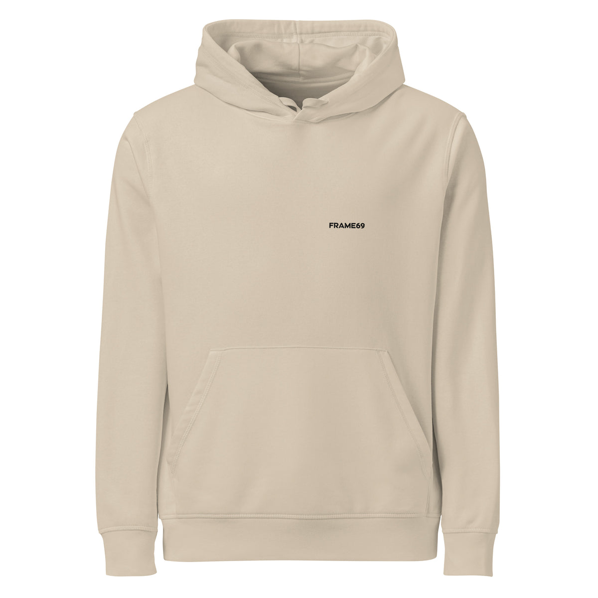 Beige pullover hoodie with small chest FRAME69 logo, hood with drawstring and kangaroo pocket