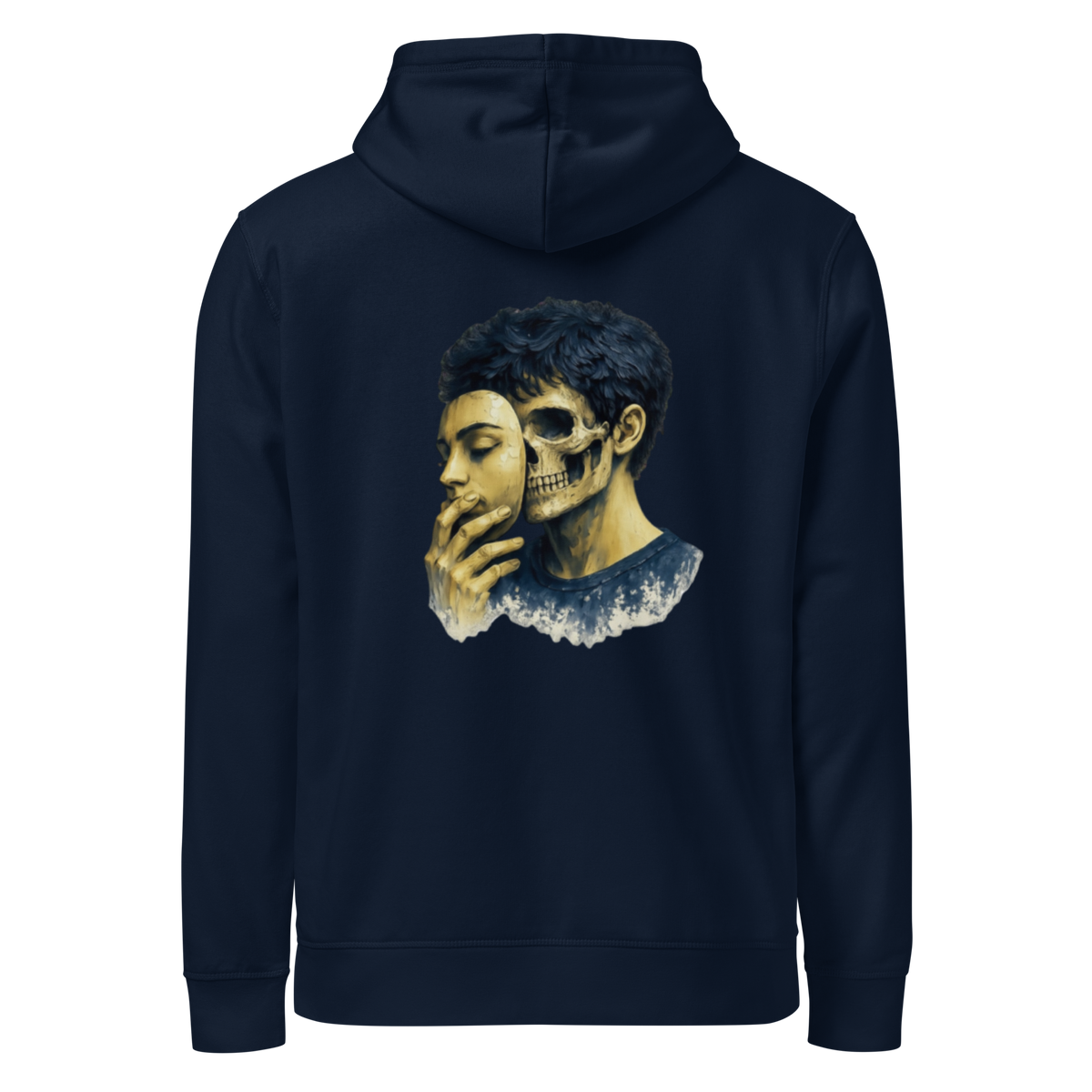 French navy pullover hoodie with blue skull portrait on the back
