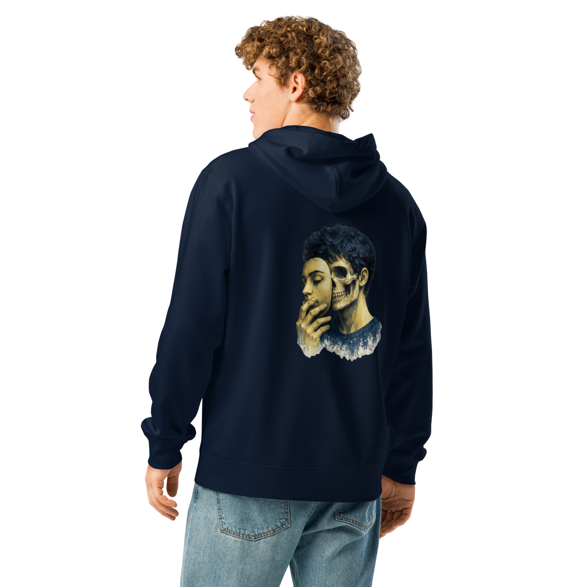 Navy graphic hoodie with hood, front pocket, and large back skull graphic