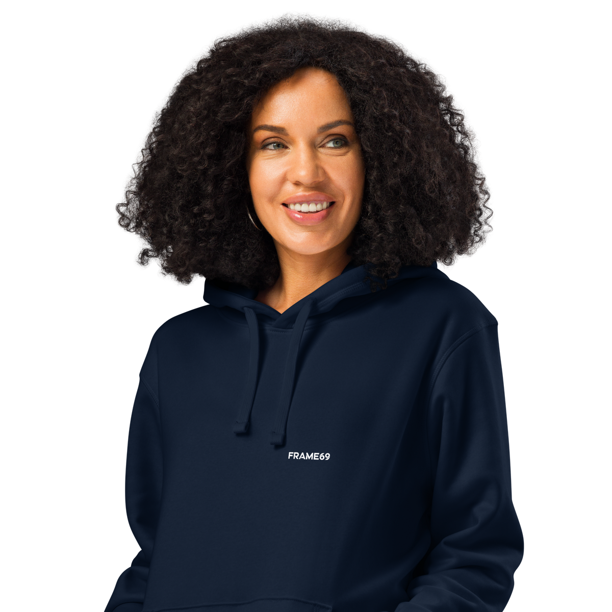French navy graphic hoodie with hood, front pocket, and small chest logo text