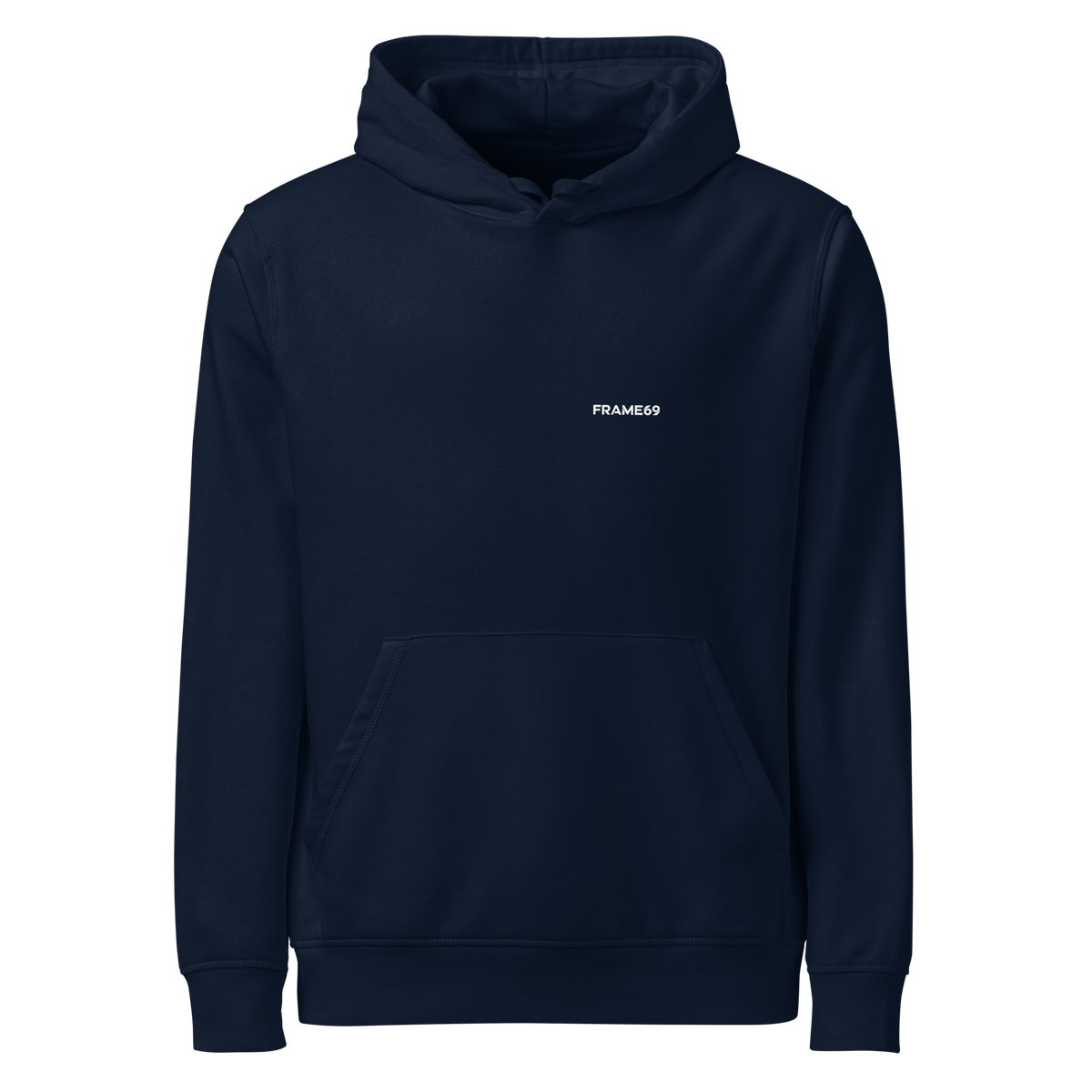 French navy pullover hoodie with FRAME69 chest logo and front pocket