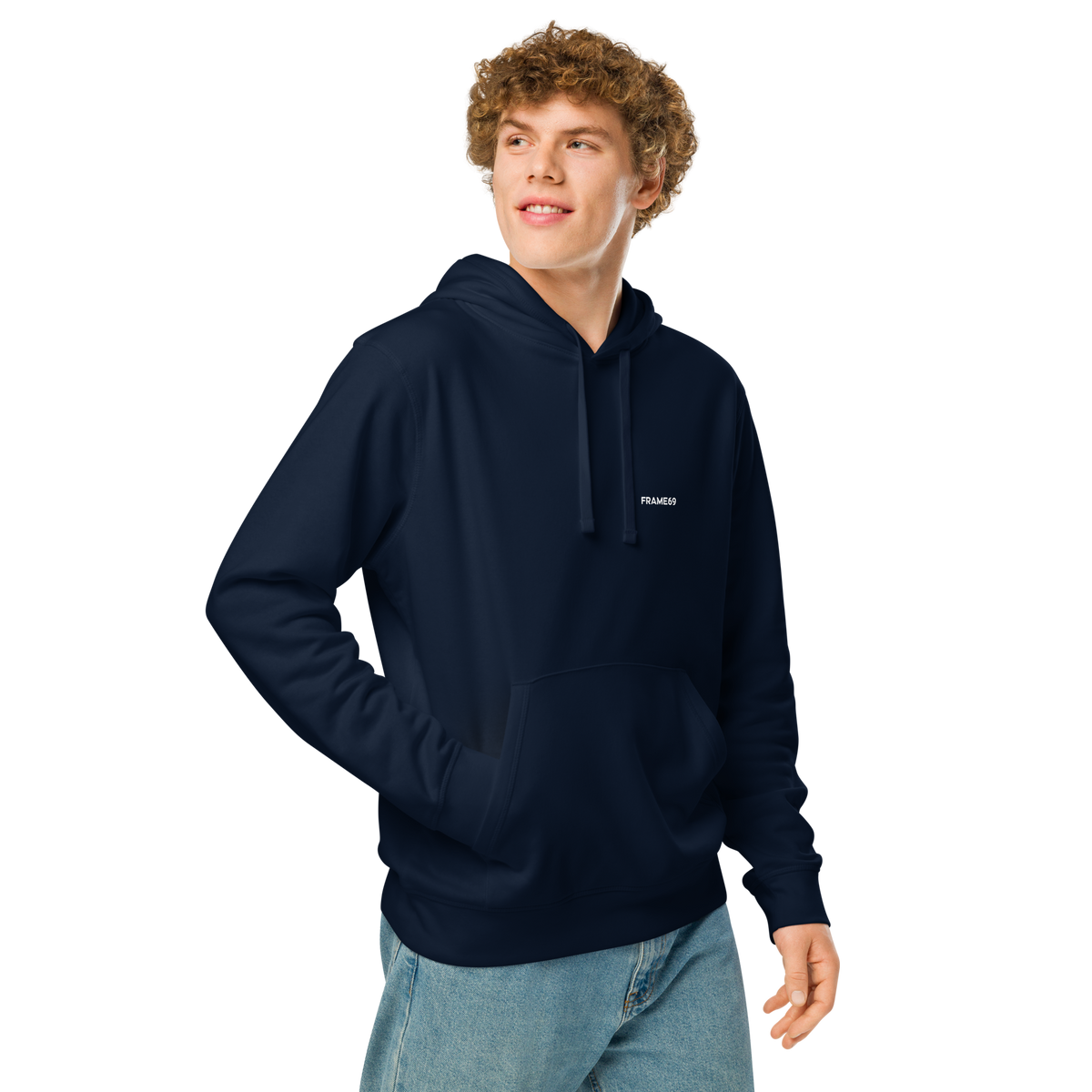Dark blue graphic hoodie with hood, front pocket, and small chest logo text