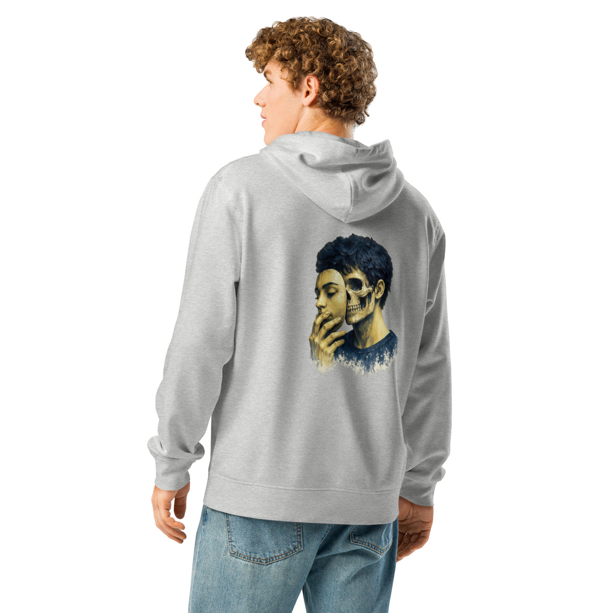 Light gray graphic hoodie with blue skull portrait on back, pullover hood and cuffs