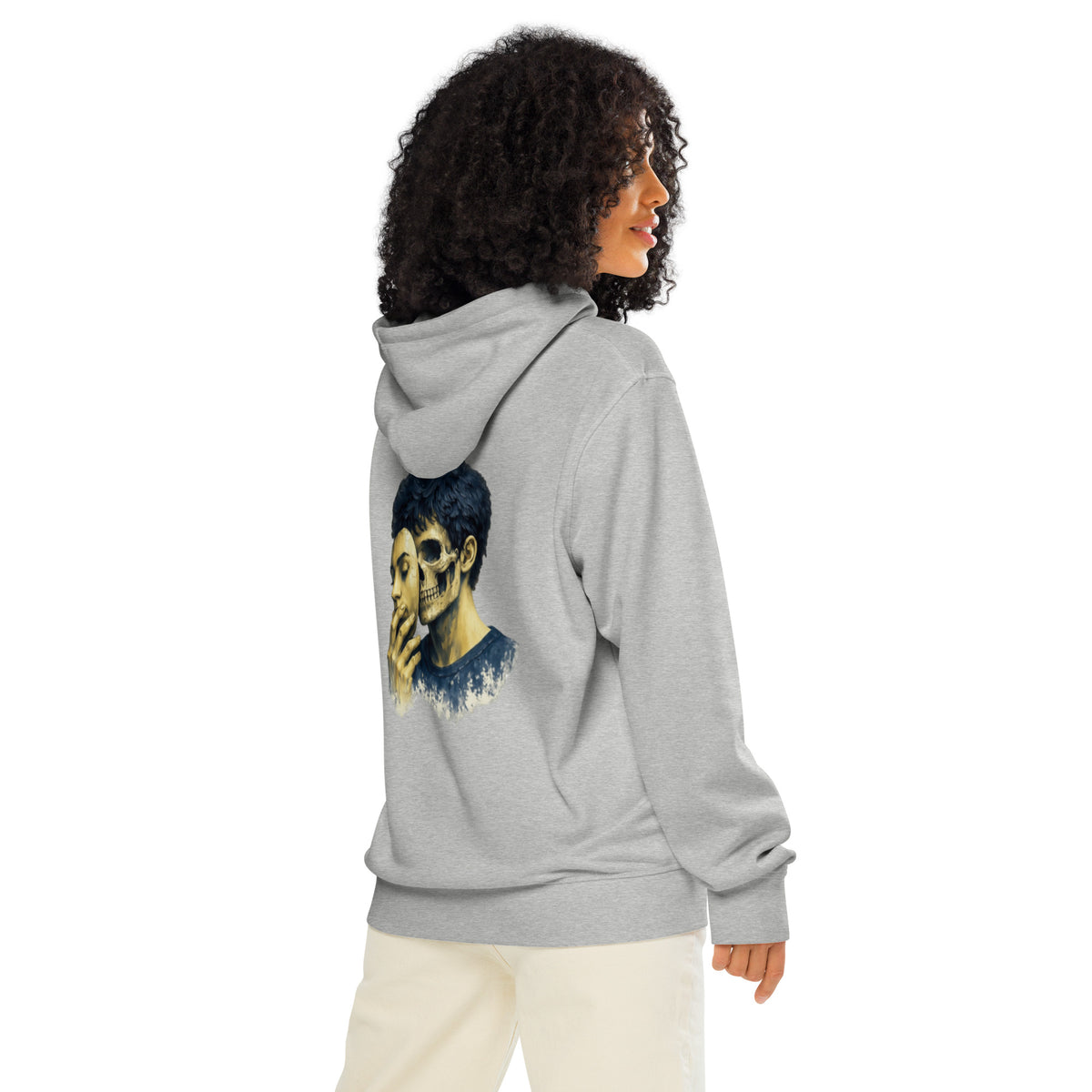 Light gray graphic hoodie with blue skull portrait on back, hood and kangaroo pocket