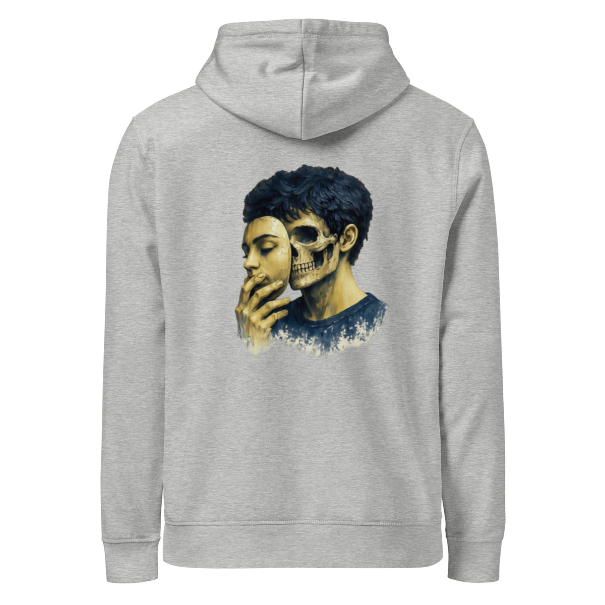 Heather grey pullover hoodie with large back graphic portrait, hood and long sleeves