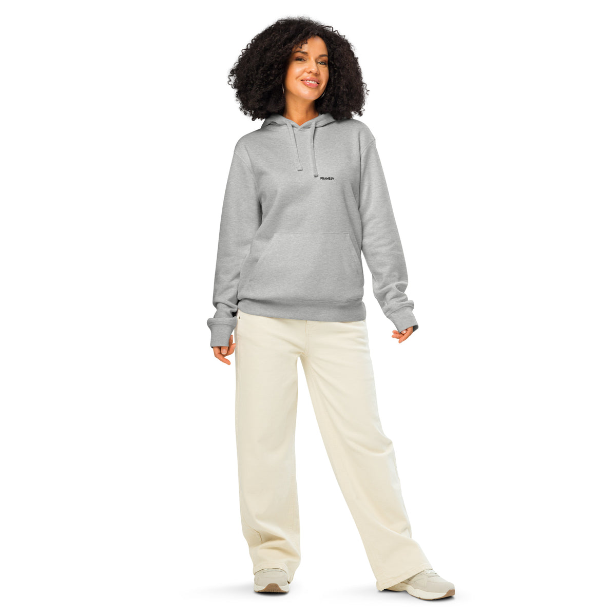 Light gray pullover hoodie with hood and front pocket, long sleeves and ribbed cuffs