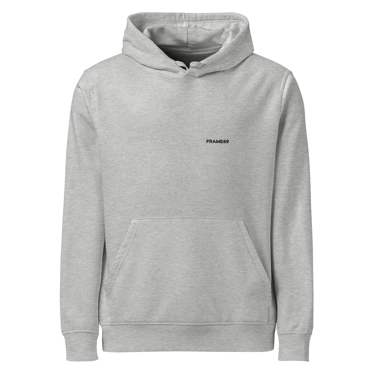 Heather grey graphic hoodie with small chest logo, pullover hood and kangaroo pocket
