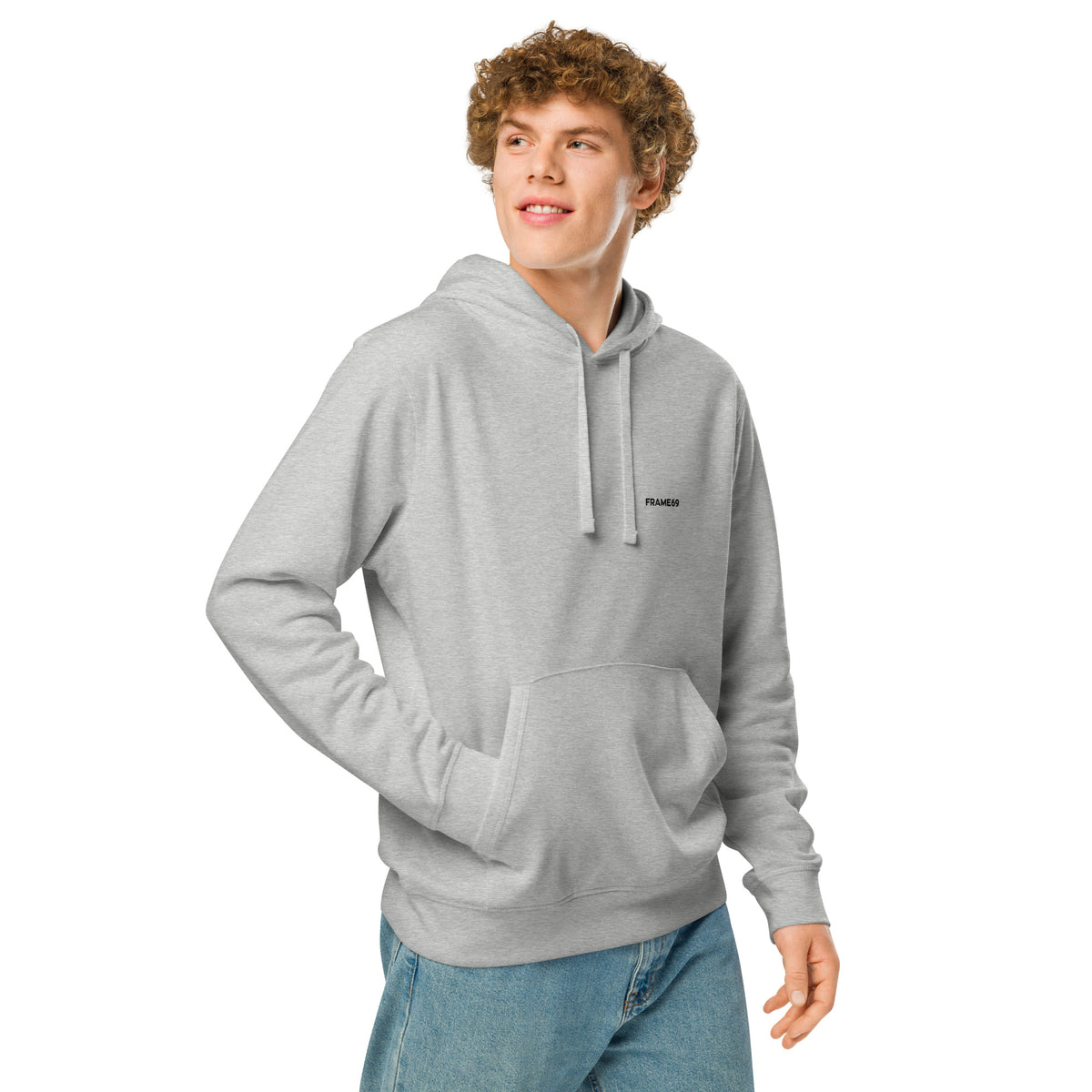 Light gray pullover hoodie with small chest FRAME69 logo, hood with drawstring