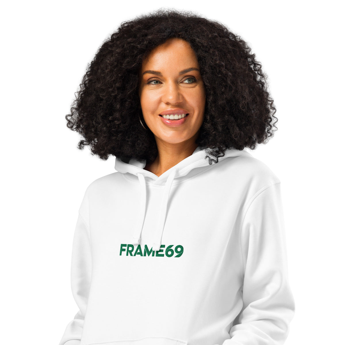 White pullover hoodie with hood and drawstring, logo on chest