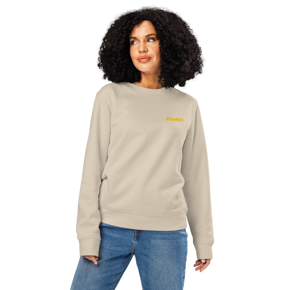 Light gray crewneck sweatshirt with small yellow “FRAME69” text on the chest