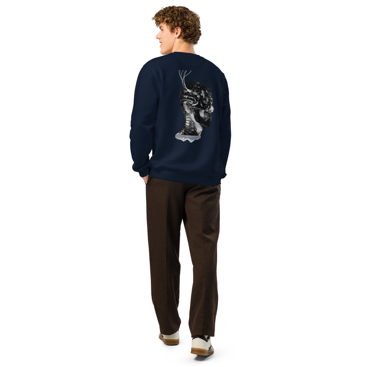 Navy crewneck sweatshirt with black portrait graphic on the back