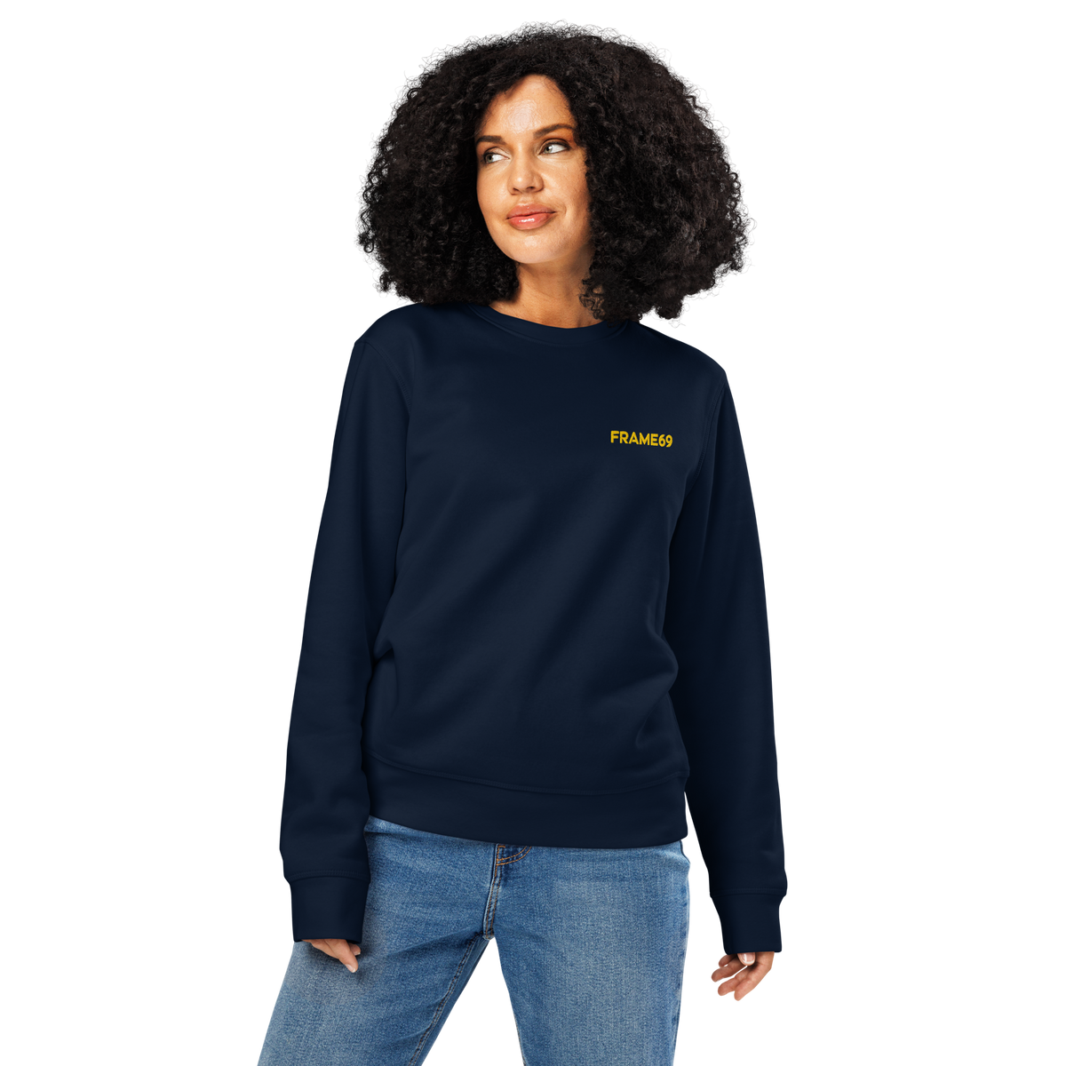 Navy crewneck sweatshirt with small yellow “FRAME69” text on the chest