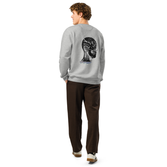 Heather gray crewneck sweatshirt with black portrait graphic on the back