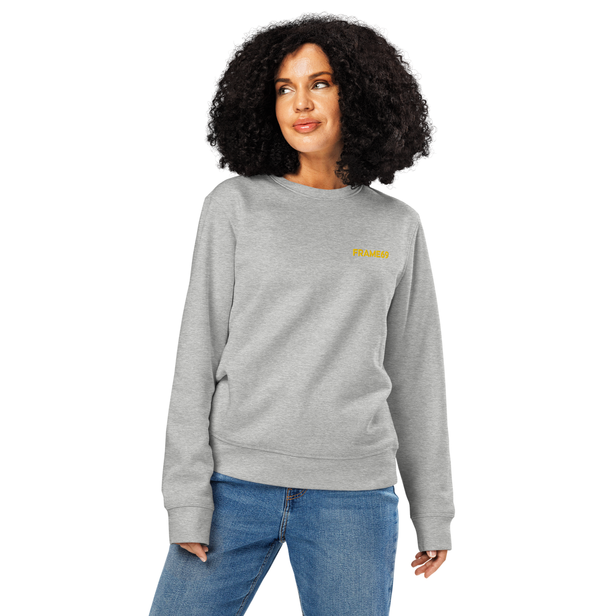 Heather gray crewneck sweatshirt with small yellow “FRAME69” text on the chest