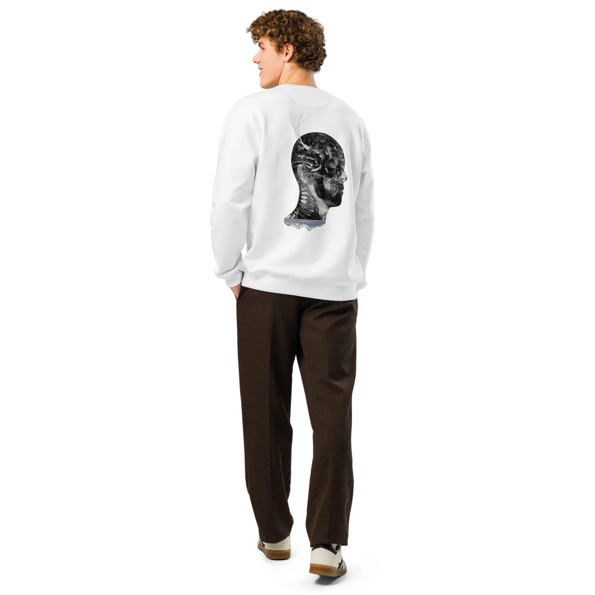 White crewneck sweatshirt with black portrait graphic on the back