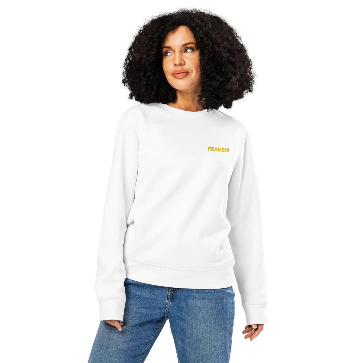White crewneck sweatshirt with small yellow “FRAME69” text on the chest