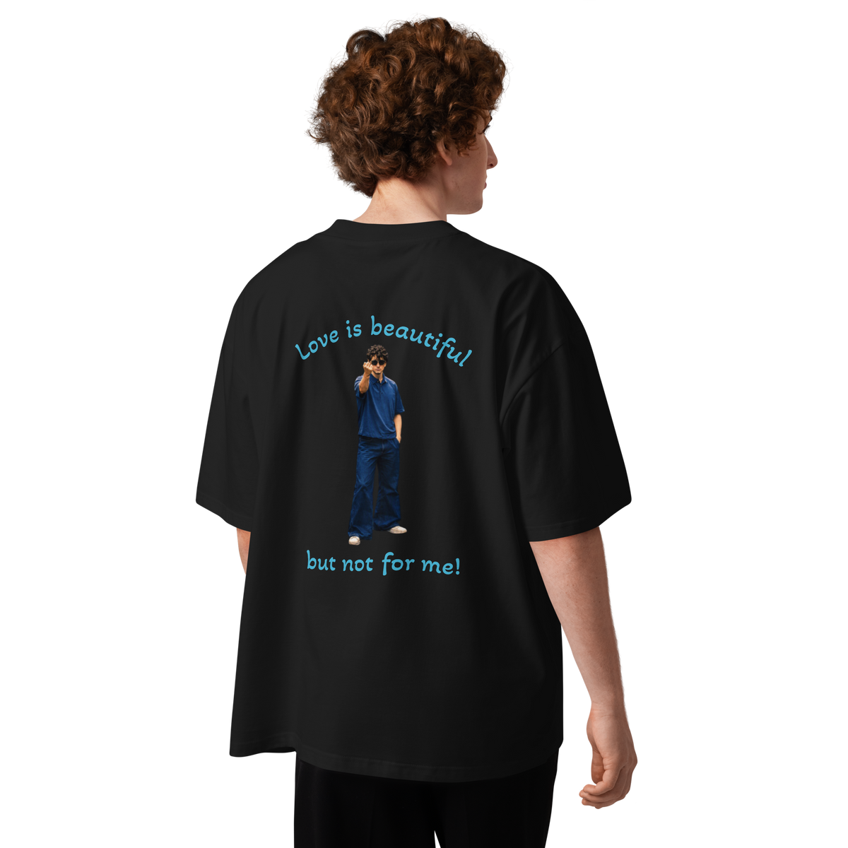 Black oversized T-shirt with colorful back graphic text and image of a person