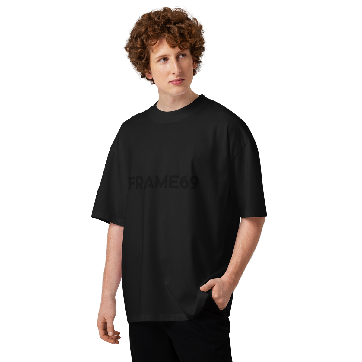 Black oversized T-shirt with centered FRAME69 logo print on the front