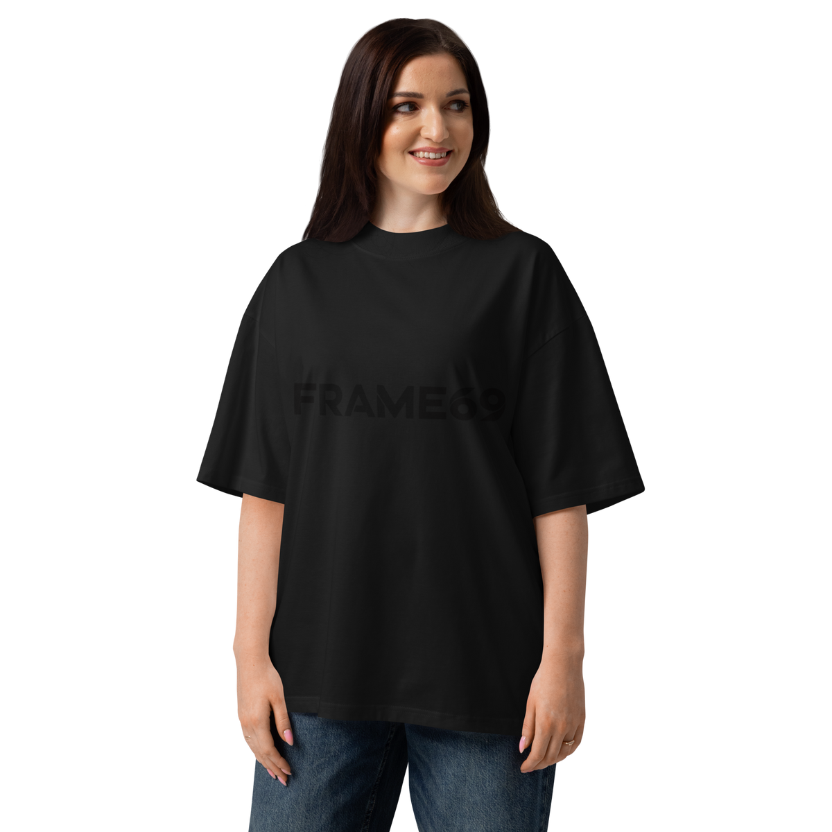 Black oversized tee with “FRAME69” front logo print