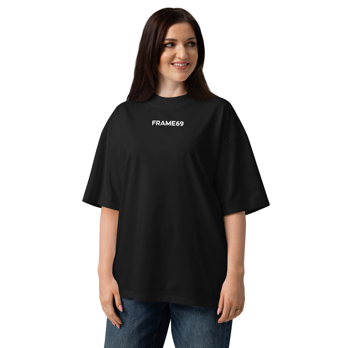 Black oversized organic cotton tee with small white FRAME69 chest logo