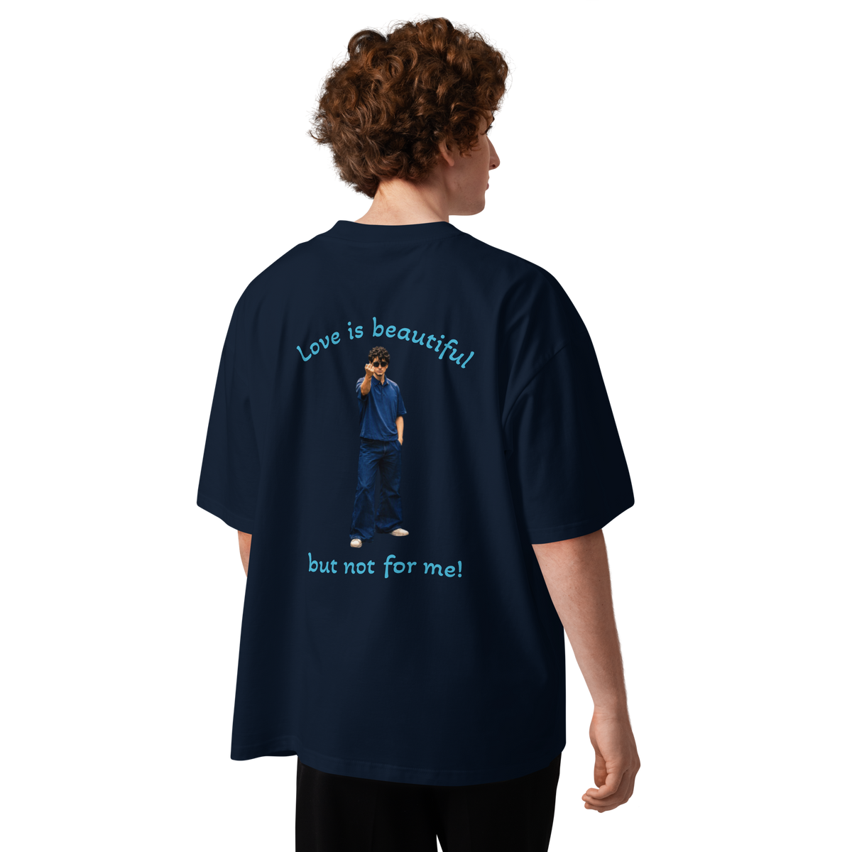French navy oversized T-shirt with colorful back graphic text and image of a person
