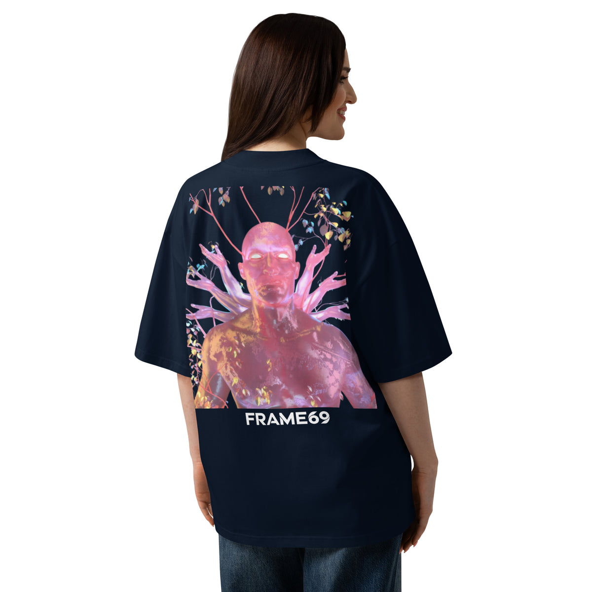 French navy oversized organic cotton tee with vivid pink figure artwork and FRAME69 logo on back