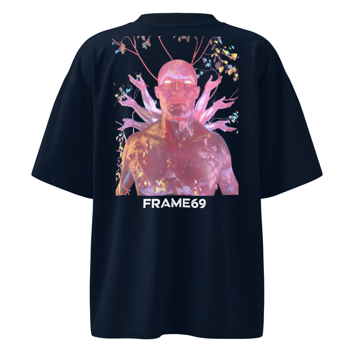 French navy oversized organic cotton tee with vivid pink figure artwork and FRAME69 logo on back