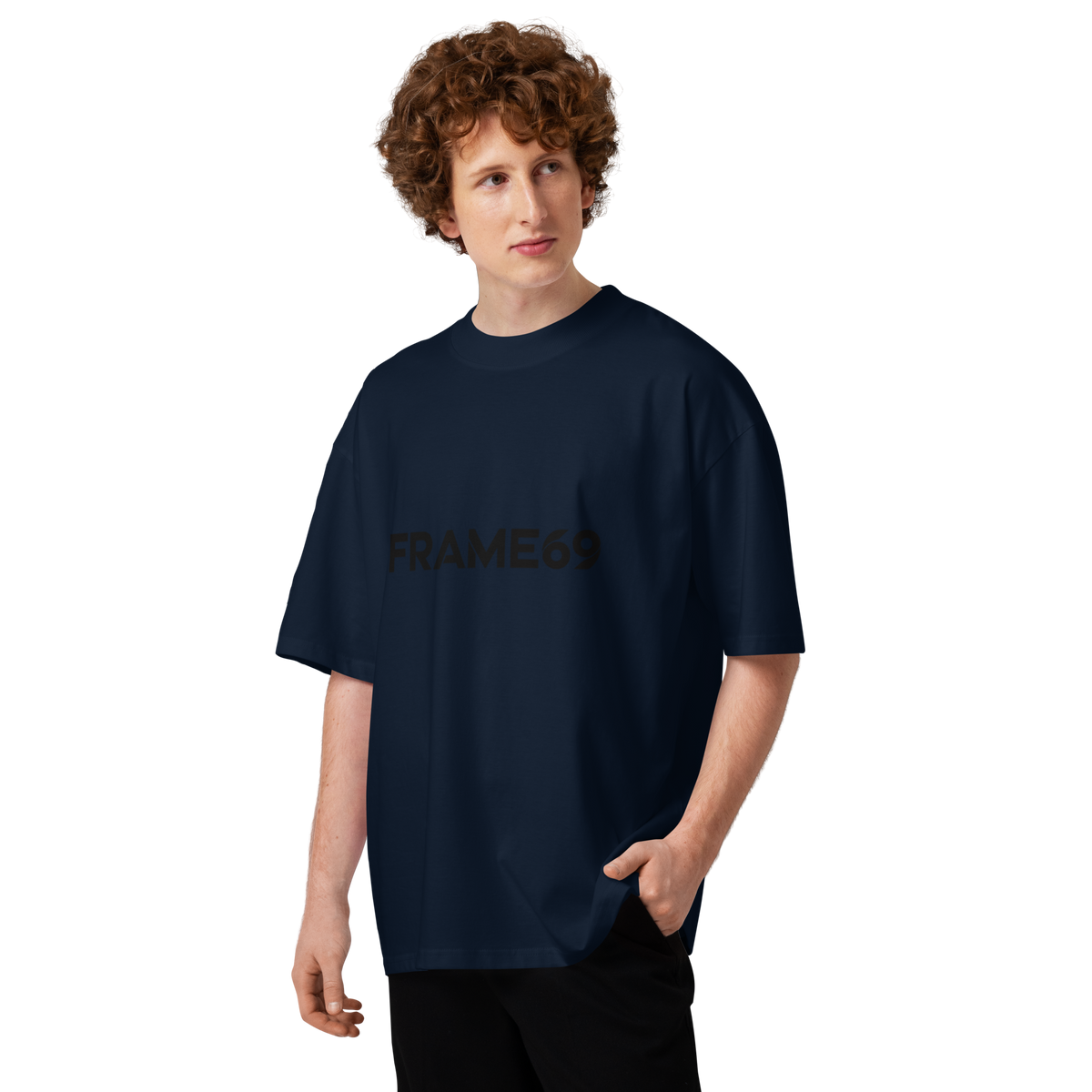 Navy oversized T-shirt with centered FRAME69 logo print on the front