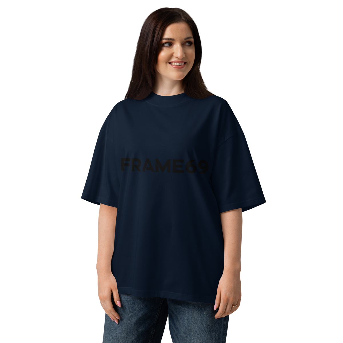 Navy oversized tee with “FRAME69” front logo print