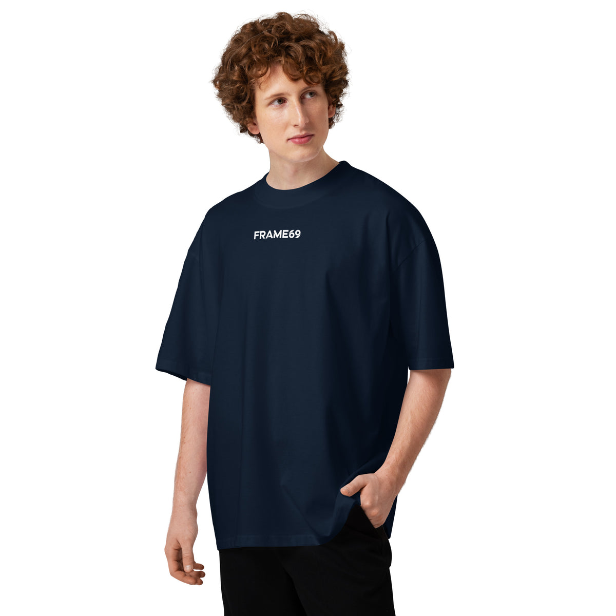 French navy oversized organic cotton tee with small white FRAME69 chest logo