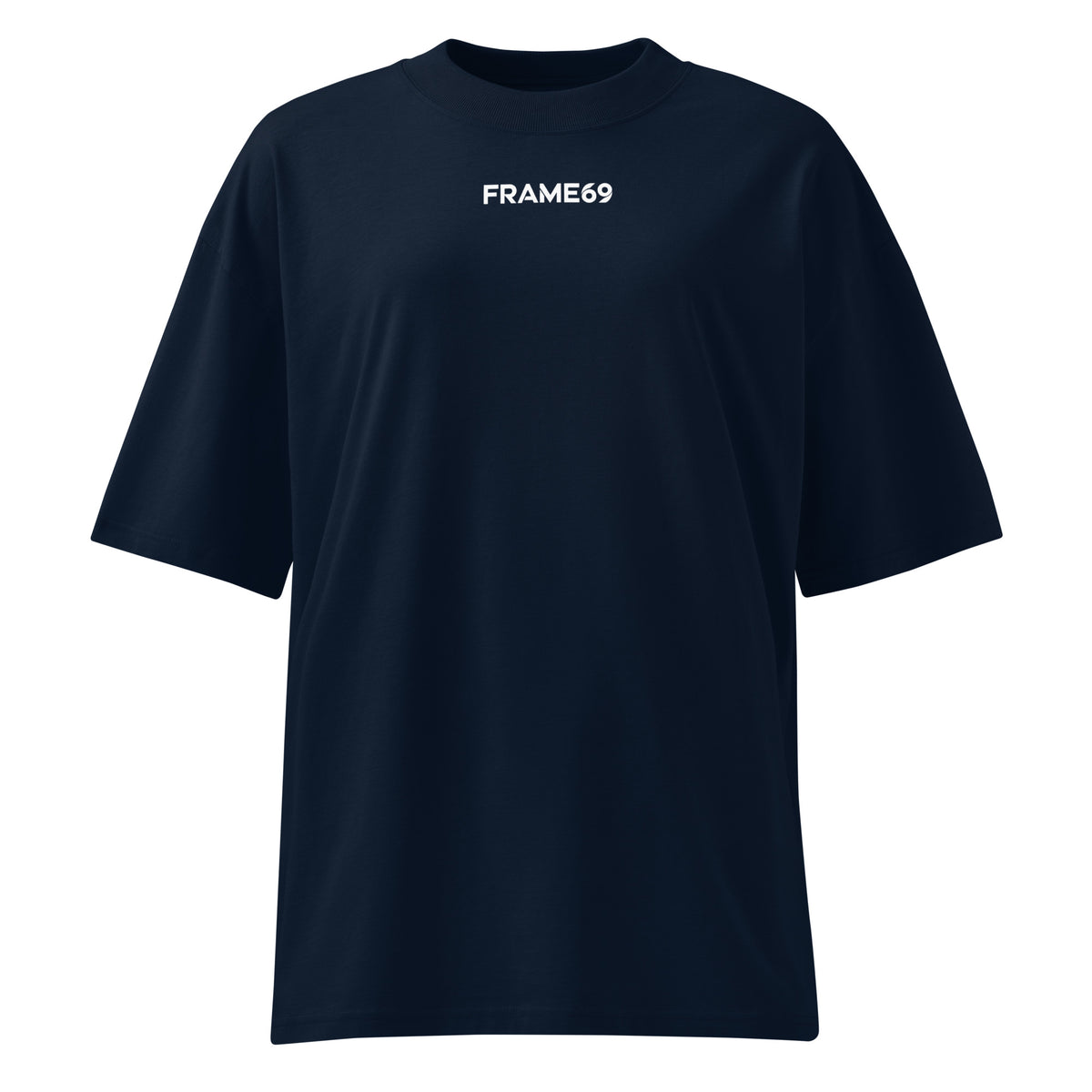 French navy oversized organic cotton tee with small white FRAME69 chest logo