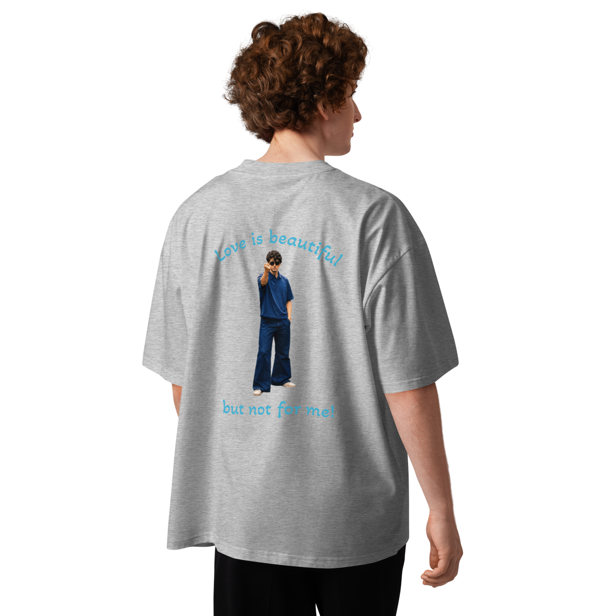 Heather gray oversized T-shirt with colorful back graphic text and image of a person