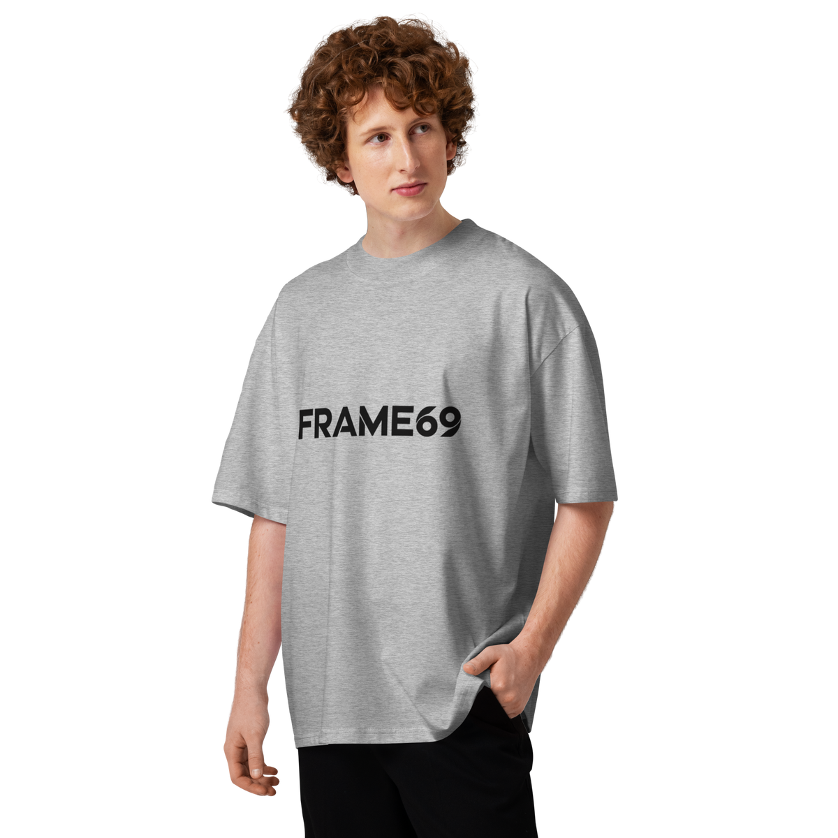Heather gray oversized T-shirt with centered FRAME69 logo print on the front