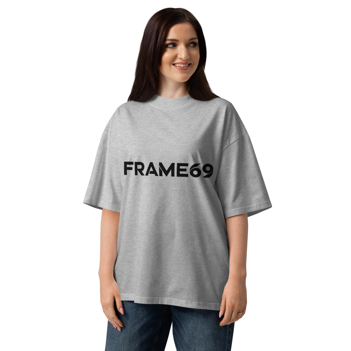 Heather grey oversized tee with “FRAME69” front logo print