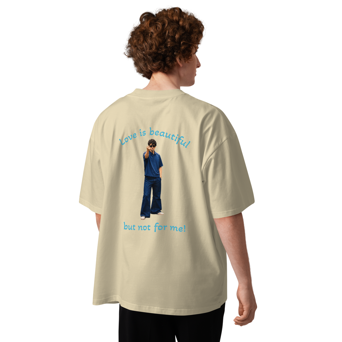 Stone oversized T-shirt with colorful back graphic text and image of a person