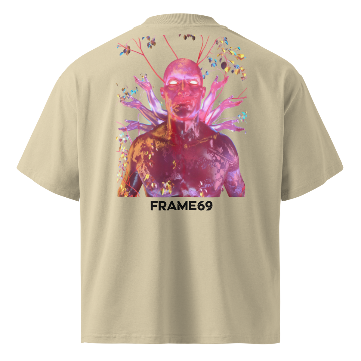 Stone oversized organic cotton tee with vivid pink figure artwork and FRAME69 logo on back