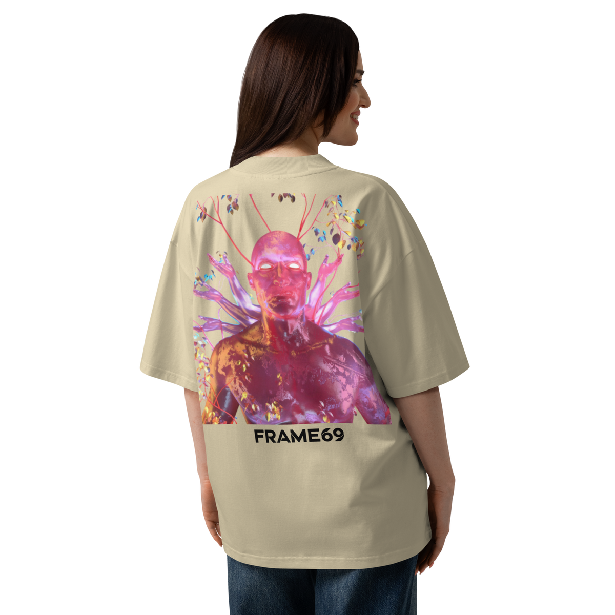 Stone oversized organic cotton tee with vivid pink figure artwork and FRAME69 logo on back