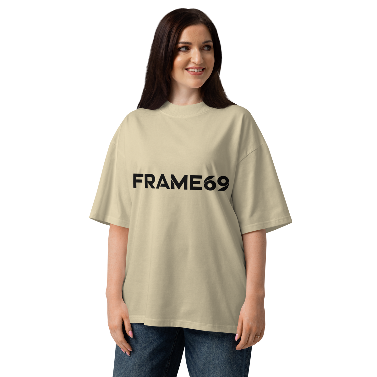 Stone oversized tee with “FRAME69” front logo print