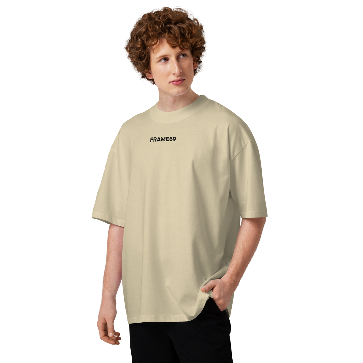 Stone color oversized organic cotton tee with small black FRAME69 chest logo