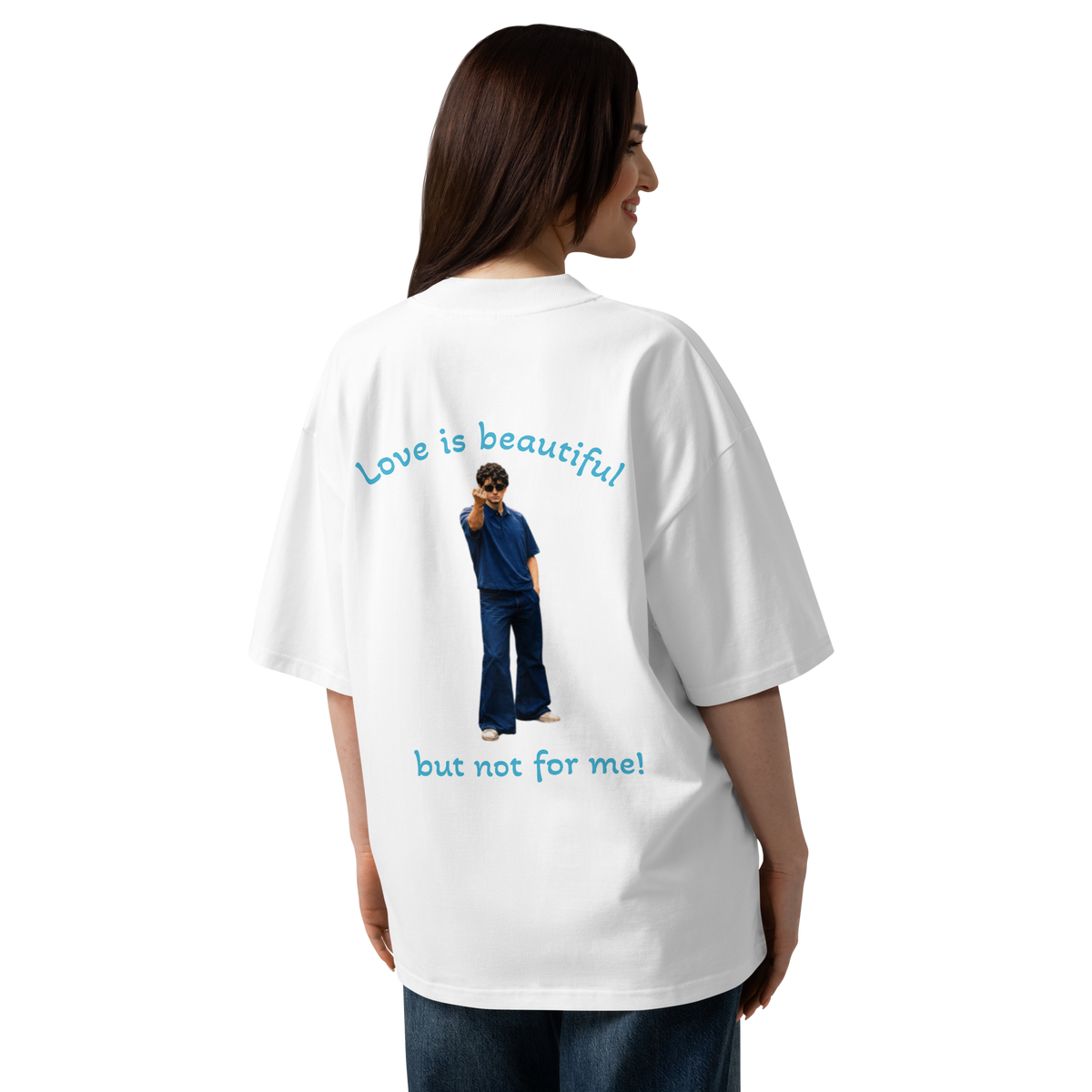 White oversized T-shirt with colorful back graphic text and image of a person