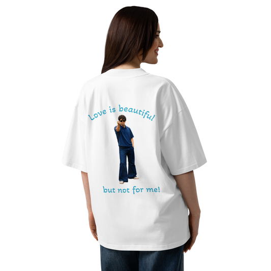 White oversized T-shirt with colorful back graphic text and image of a person