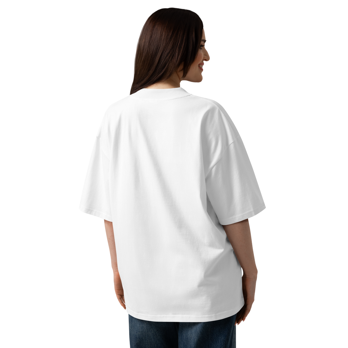 White oversized graphic T-shirt back view, short sleeves and crew neck