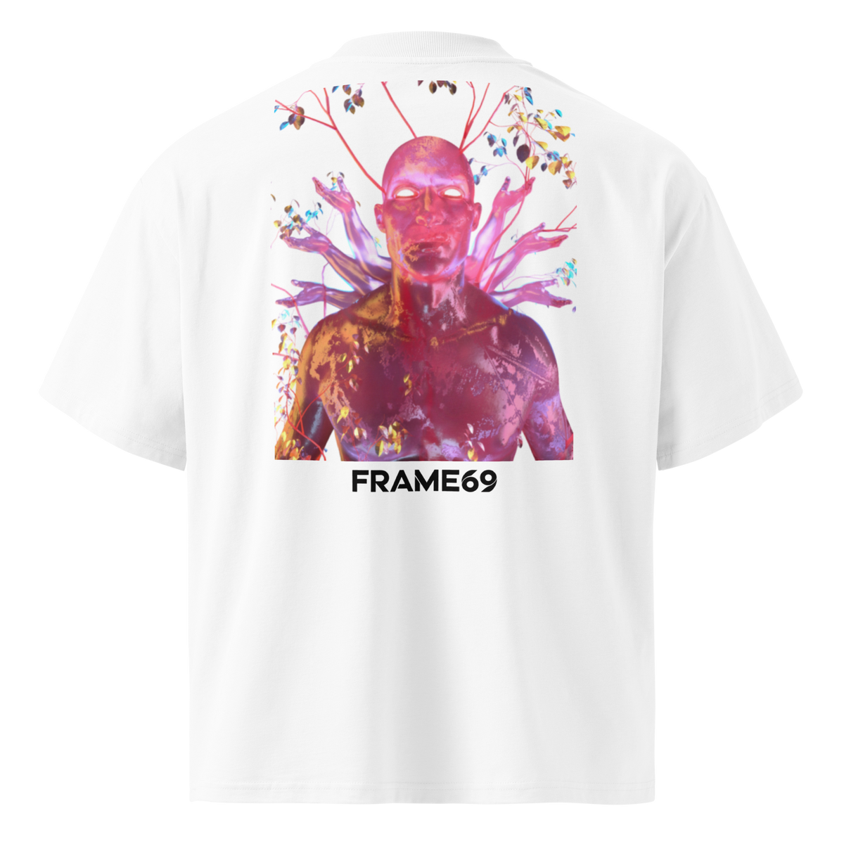 White oversized organic cotton tee with vivid pink figure artwork and FRAME69 logo on back